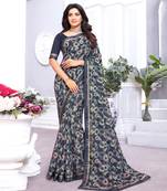 Dark Grey Printed Chiffon Saree With Fancy Border
