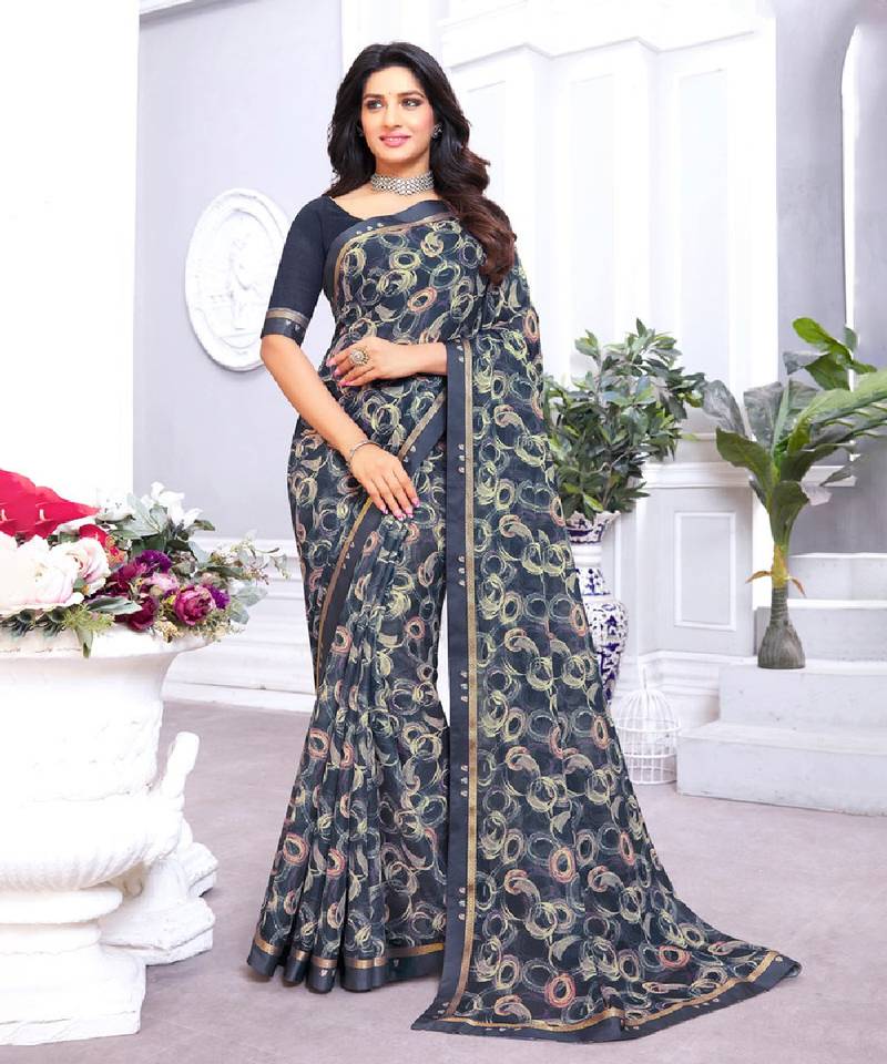 Dark Grey Printed Chiffon Saree With Fancy Border
