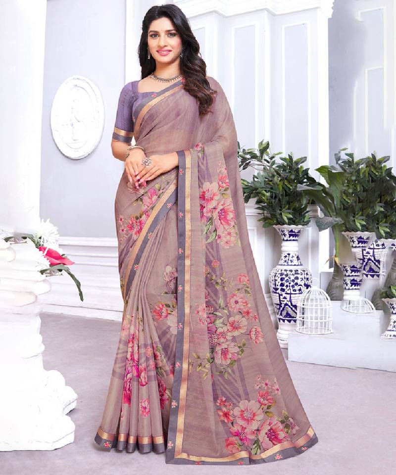 Light Mauve Printed Chiffon Saree With Fancy Border