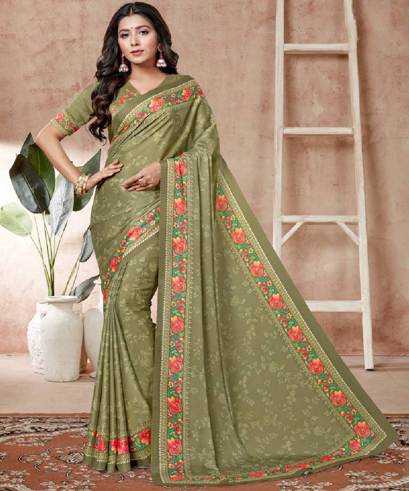 Light Mehendi Digital Print Criva Crepe Saree
