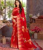 Red Digital Print Chiffon Saree With Stone Work