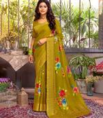 Dark Mustard Digital Print Chiffon Saree With Stone Work