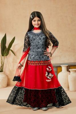 Red embroidered georgette stitched lehenga 1