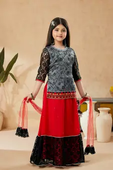 Red embroidered georgette stitched lehenga