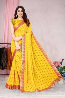 Yellow Printed Georgette Saree With Blouse