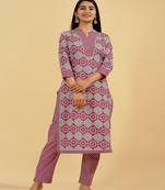 Kipek Womens Cotton Printed Straight Kurta set (Purple)