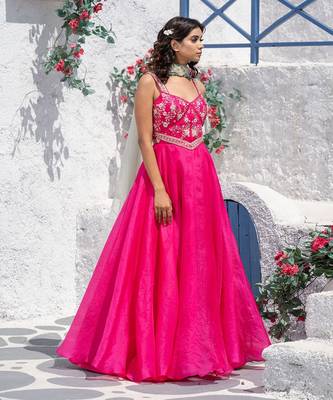 Floral Flared Organza Gown With Drape Dupatta 2