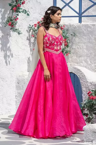 Floral Flared Organza Gown With Drape Dupatta