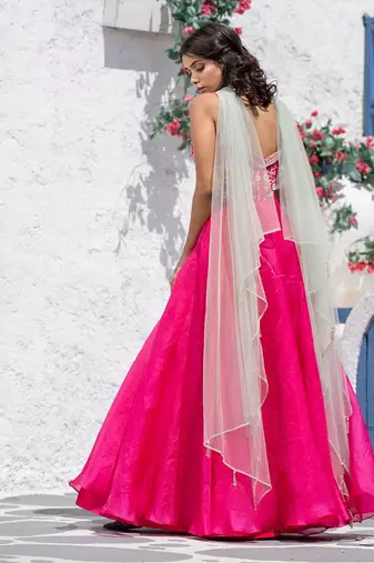 Floral Flared Organza Gown With Drape Dupatta