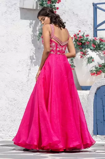Floral Flared Organza Gown With Drape Dupatta