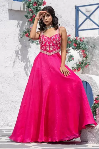 Floral Flared Organza Gown With Drape Dupatta