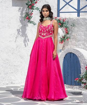 Floral Flared Organza Gown With Drape Dupatta 1