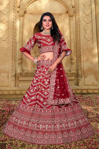 Bridal  Malai Satin Maroon  Embroidery Sequence Lehenga Choli