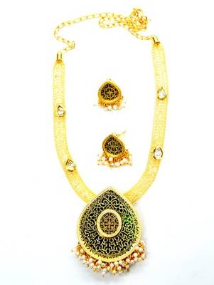 Designer kundan and pearl thewa set with attached cz sparkling necklace 1