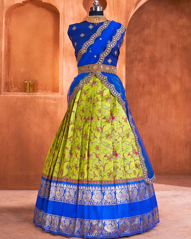 Forest Green Floral Kalamkari Digital Printed Half Saree