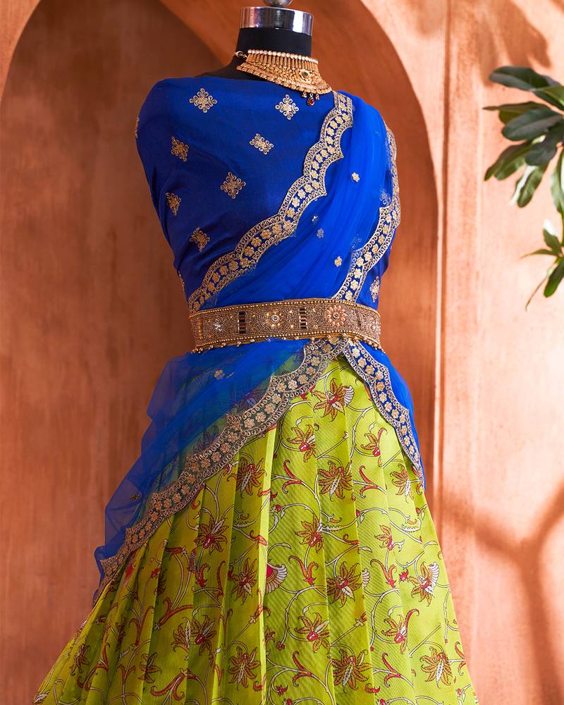 Forest Green Floral Kalamkari Digital Printed Half Saree