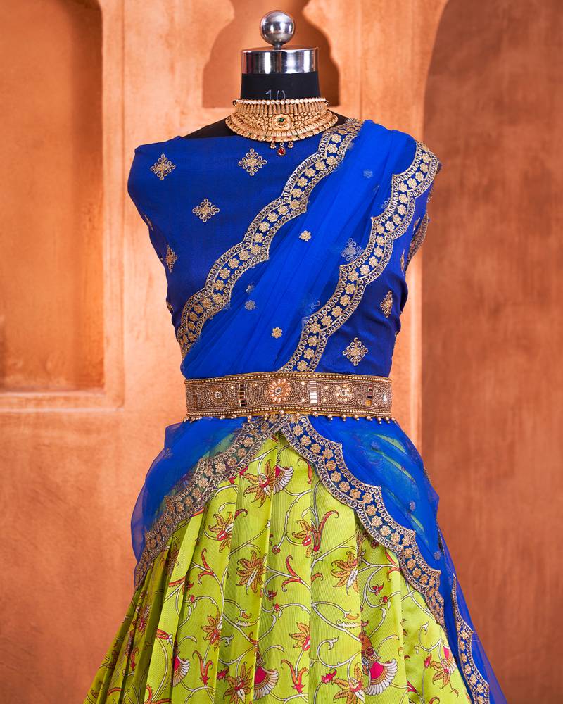 Forest Green Floral Kalamkari Digital Printed Half Saree