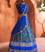 PeacockBlue Floral Kalamkari Digital Printed Half Saree