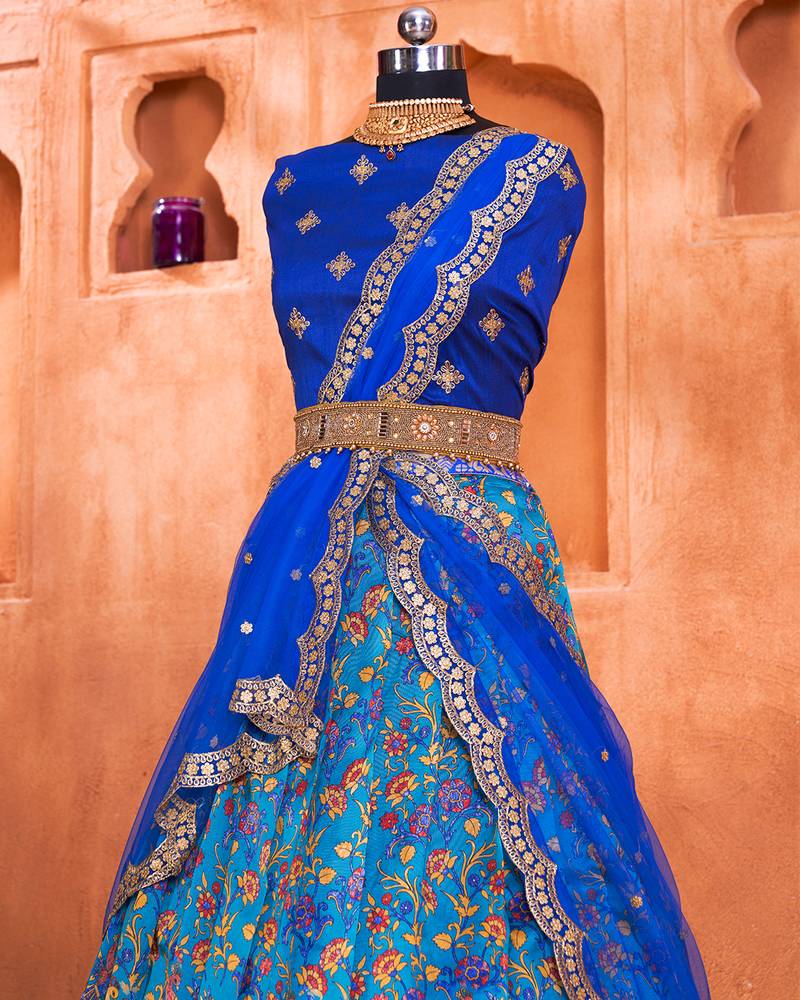 PeacockBlue Floral Kalamkari Digital Printed Half Saree