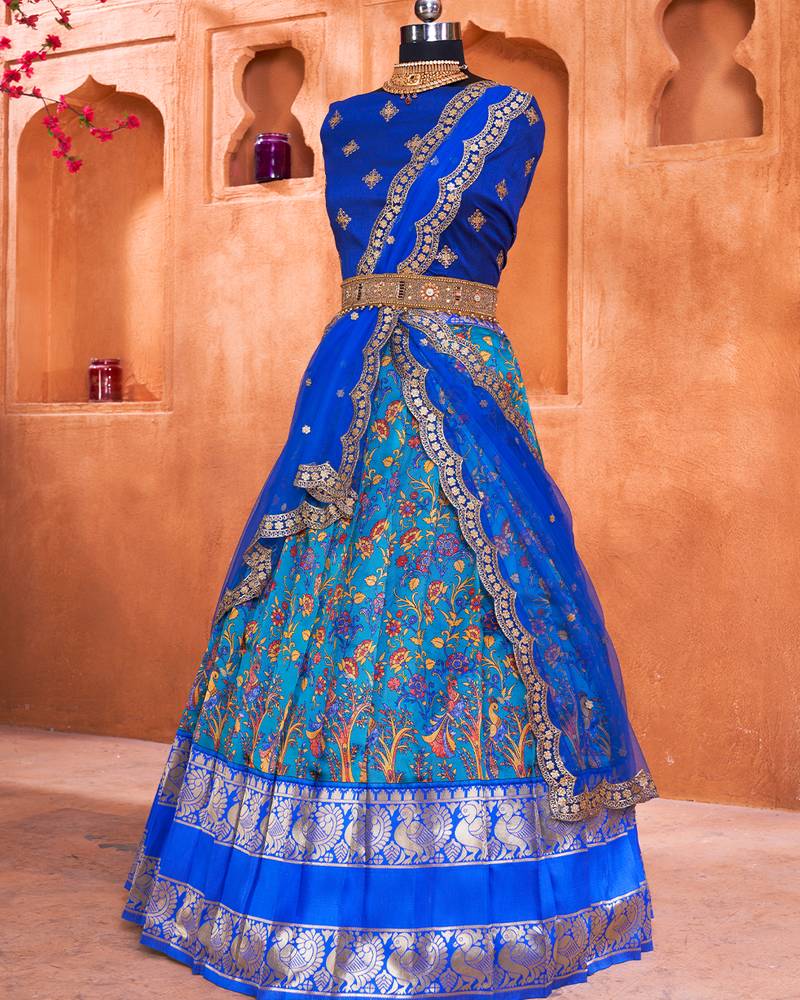 PeacockBlue Floral Kalamkari Digital Printed Half Saree
