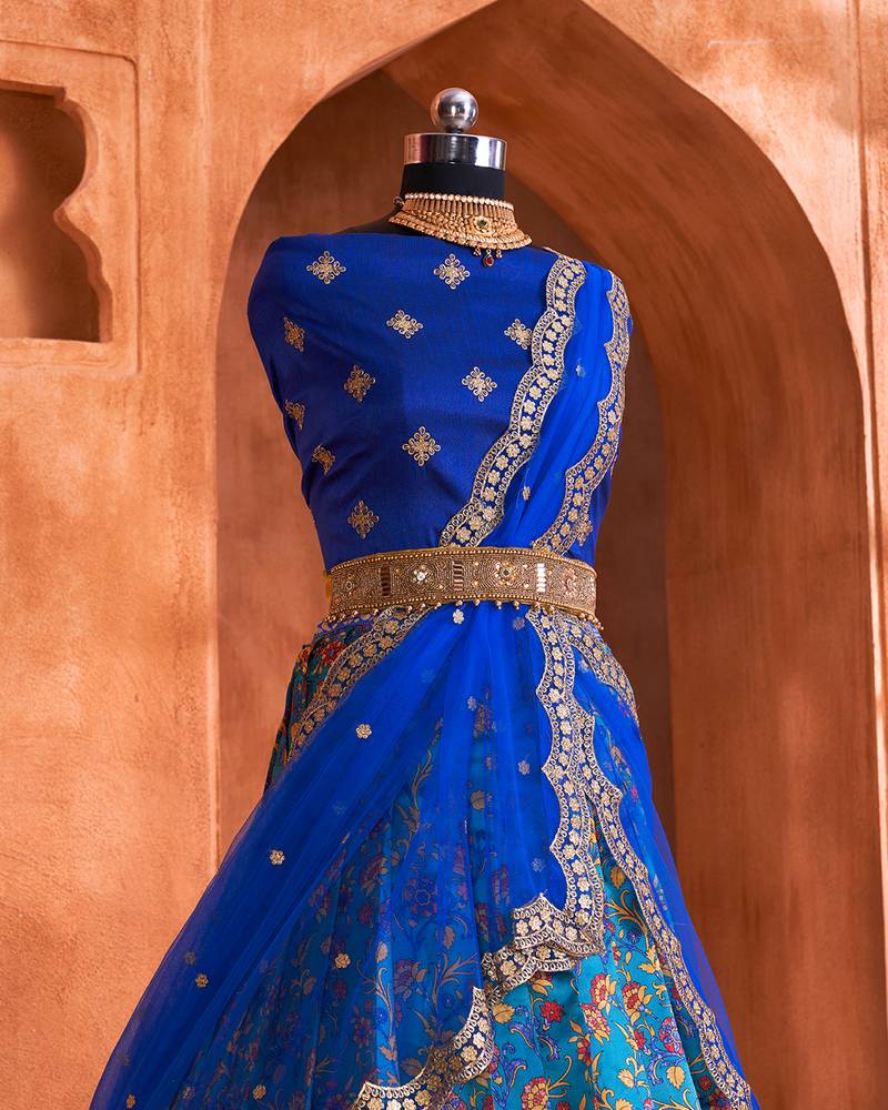 PeacockBlue Floral Kalamkari Digital Printed Half Saree
