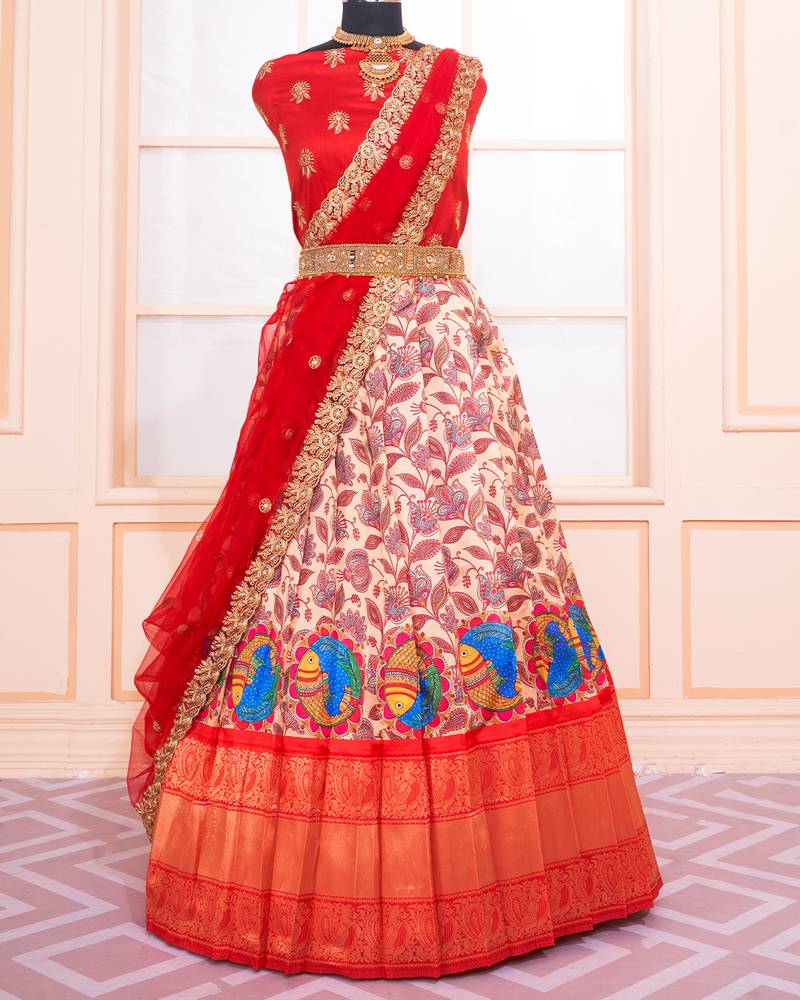 Ivory Animal Kalamkari Digital Printed Half Saree - Kanakadara - 3968928