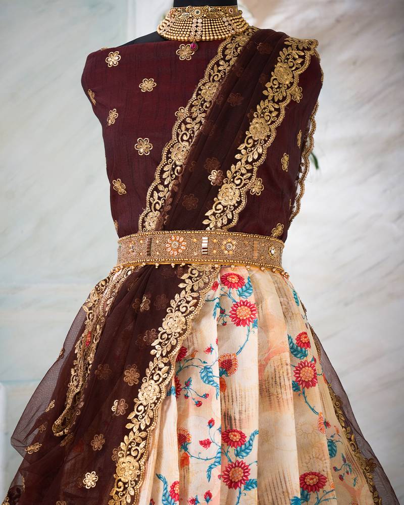 Ivory Floral Digital Printed Half Saree