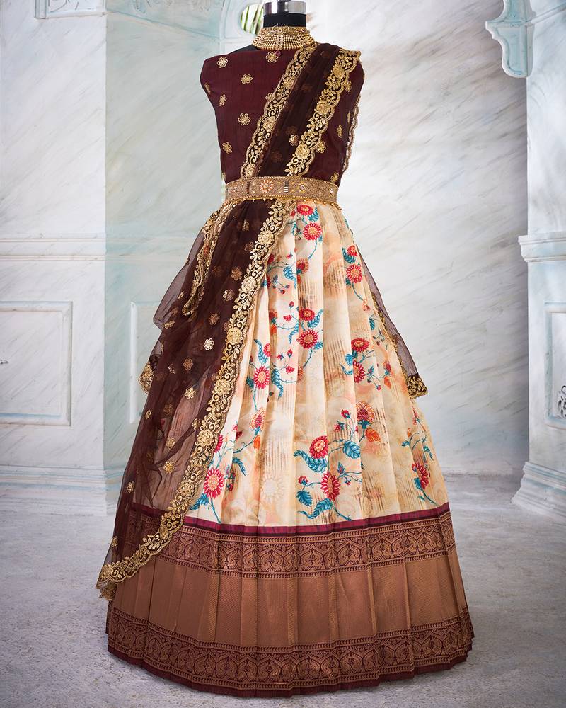 Ivory Floral Digital Printed Half Saree