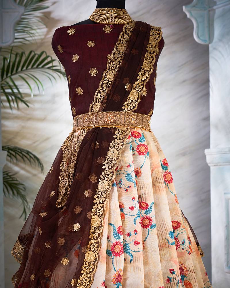 Ivory Floral Digital Printed Half Saree