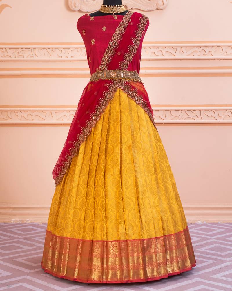 Yellow Pink Banarasi Silk Jequard Half Saree