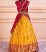 Yellow Pink Banarasi Silk Jequard Half Saree
