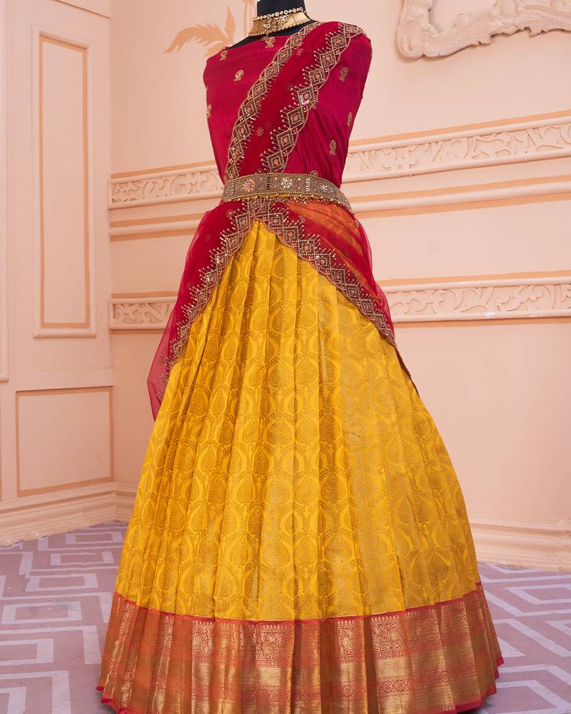 Yellow Pink Banarasi Silk Jequard Half Saree