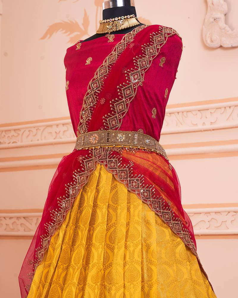 Yellow Pink Banarasi Silk Jequard Half Saree