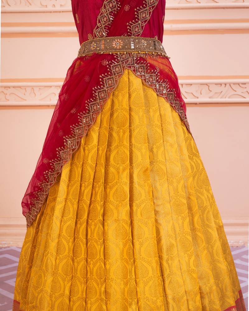 Yellow Pink Banarasi Silk Jequard Half Saree
