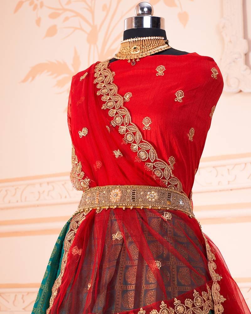 Green Red Banarasi Silk Jequard Half Saree