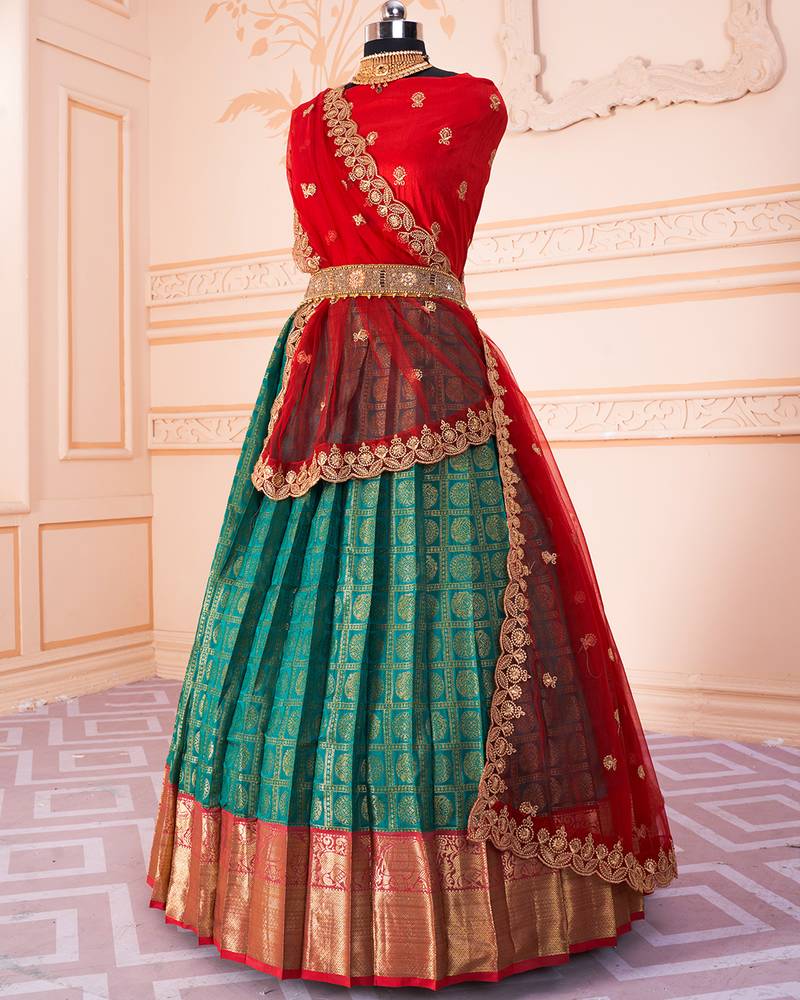 Green Red Banarasi Silk Jequard Half Saree