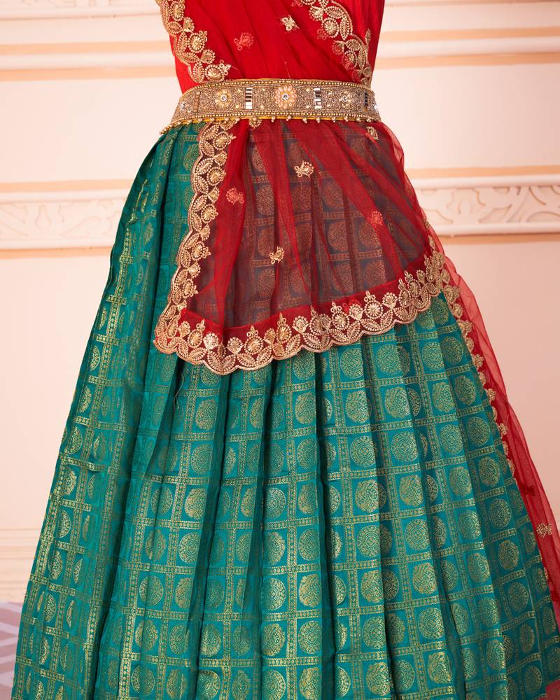 Green Red Banarasi Silk Jequard Half Saree