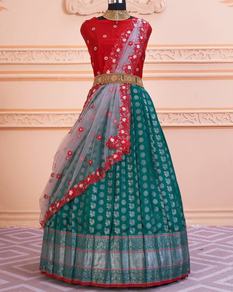 Rama Silver Jari Banarasi Silk Jequard Half Saree