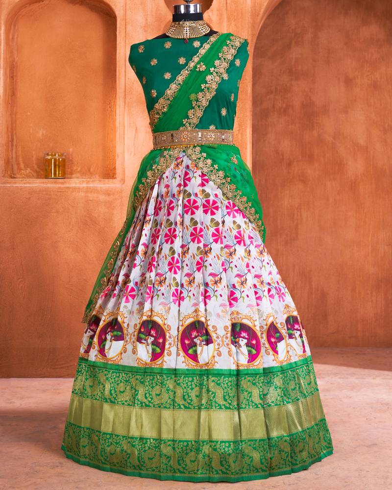 White pink Traditional Floral With Animal Digital Printed Half Saree