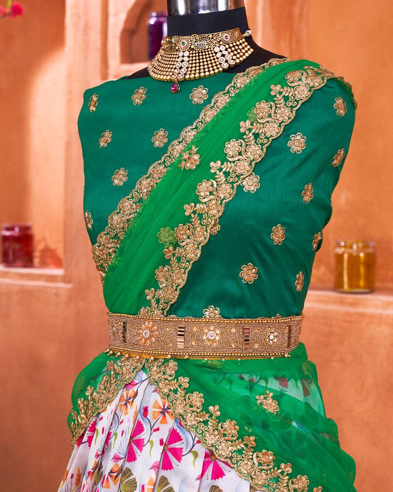 White pink Traditional Floral With Animal Digital Printed Half Saree