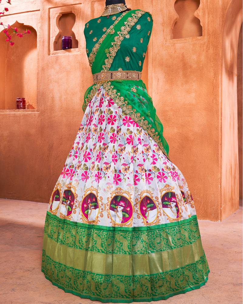 White pink Traditional Floral With Animal Digital Printed Half Saree