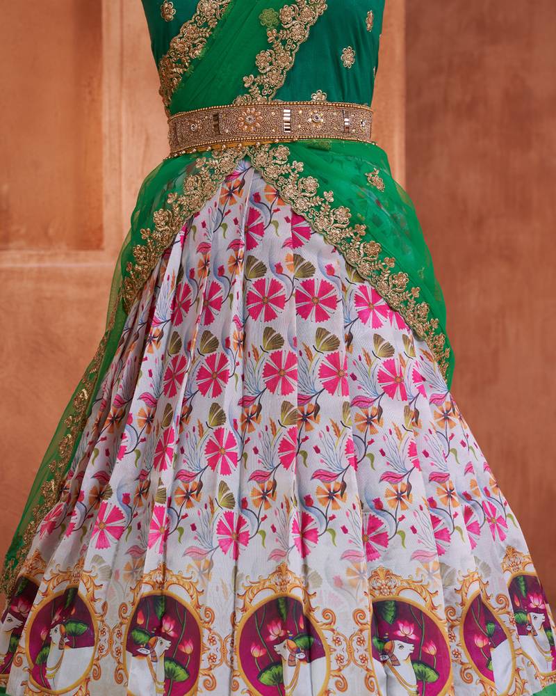 White pink Traditional Floral With Animal Digital Printed Half Saree