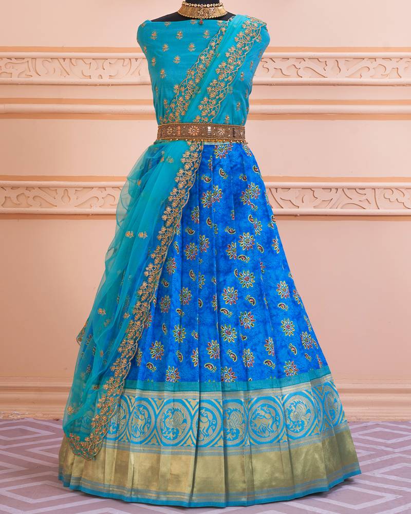 Royal Blue Batique Floral Digital Printed Half Saree