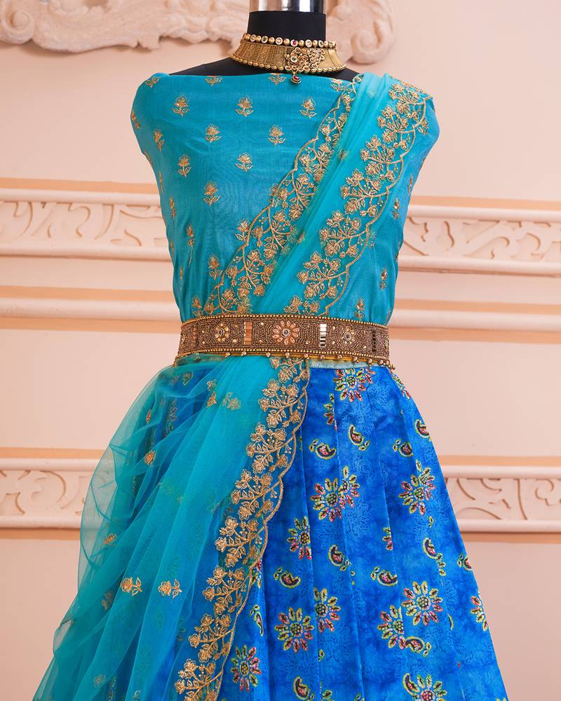 Royal Blue Batique Floral Digital Printed Half Saree