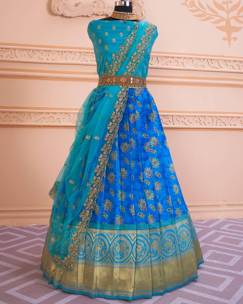 Royal Blue Batique Floral Digital Printed Half Saree