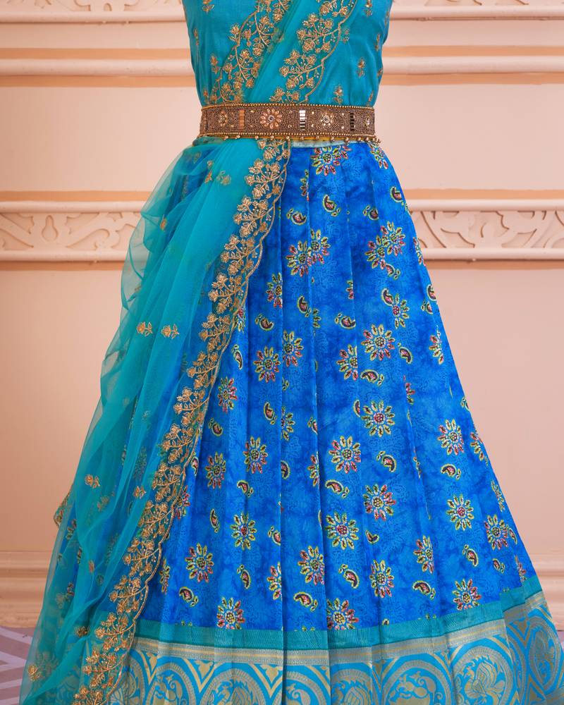 Royal Blue Batique Floral Digital Printed Half Saree