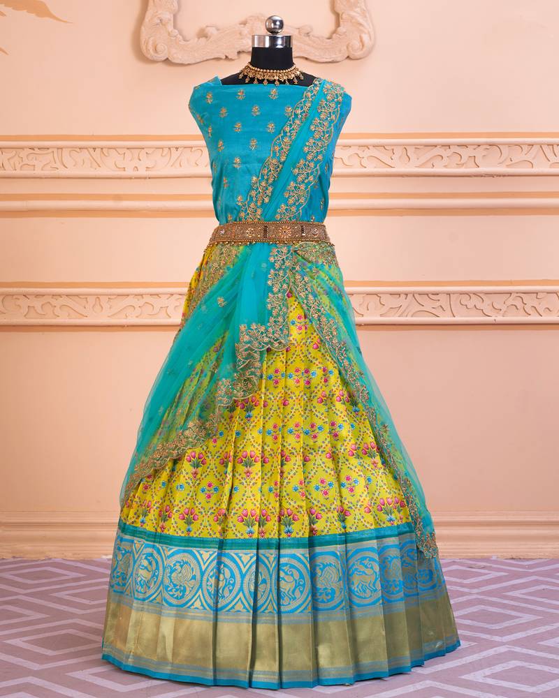 Lemon Yellow Kalamkari Floral Digital Printed Half Saree