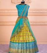 Lemon Yellow Kalamkari Floral Digital Printed Half Saree