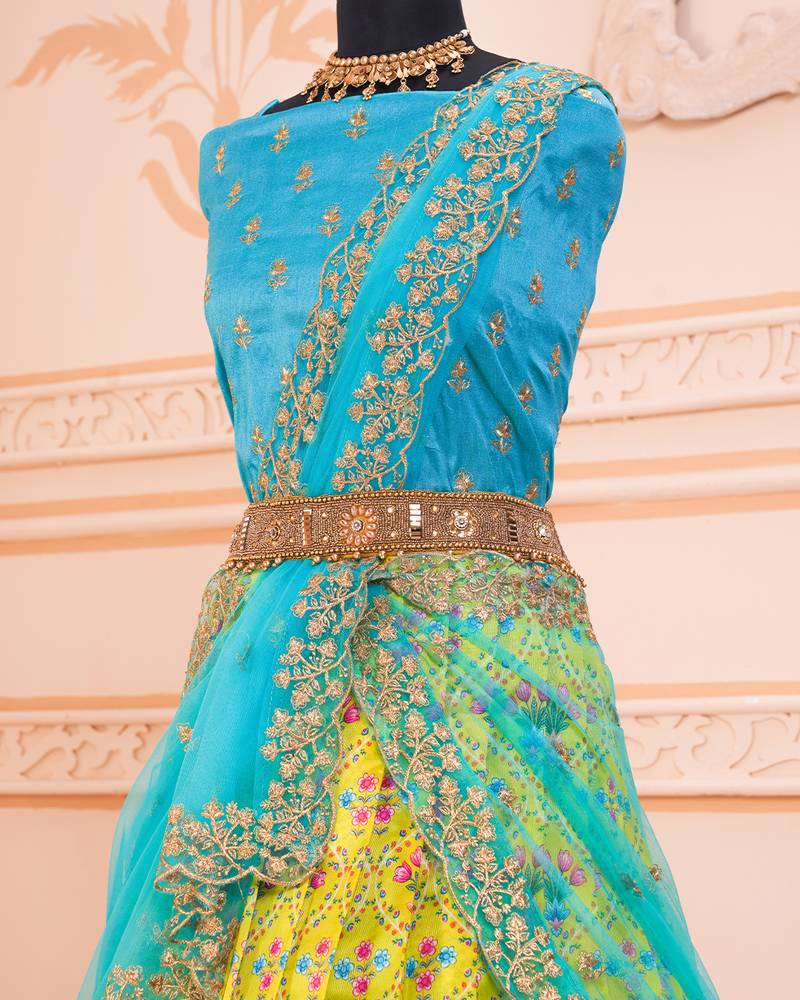 Lemon Yellow Kalamkari Floral Digital Printed Half Saree