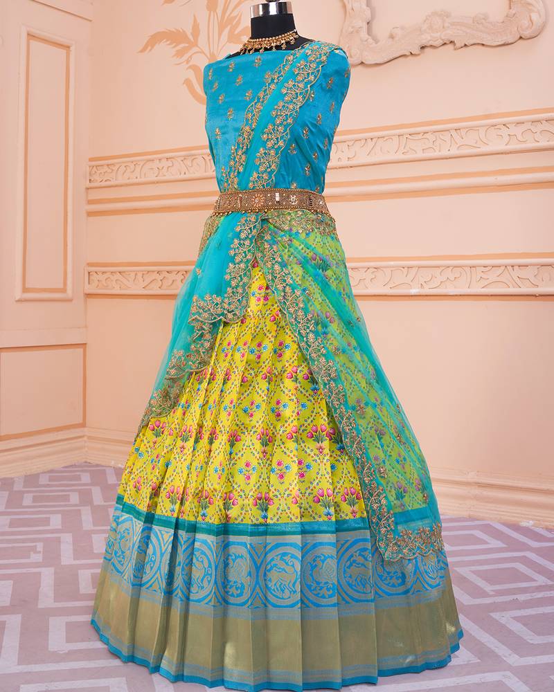 Lemon Yellow Kalamkari Floral Digital Printed Half Saree